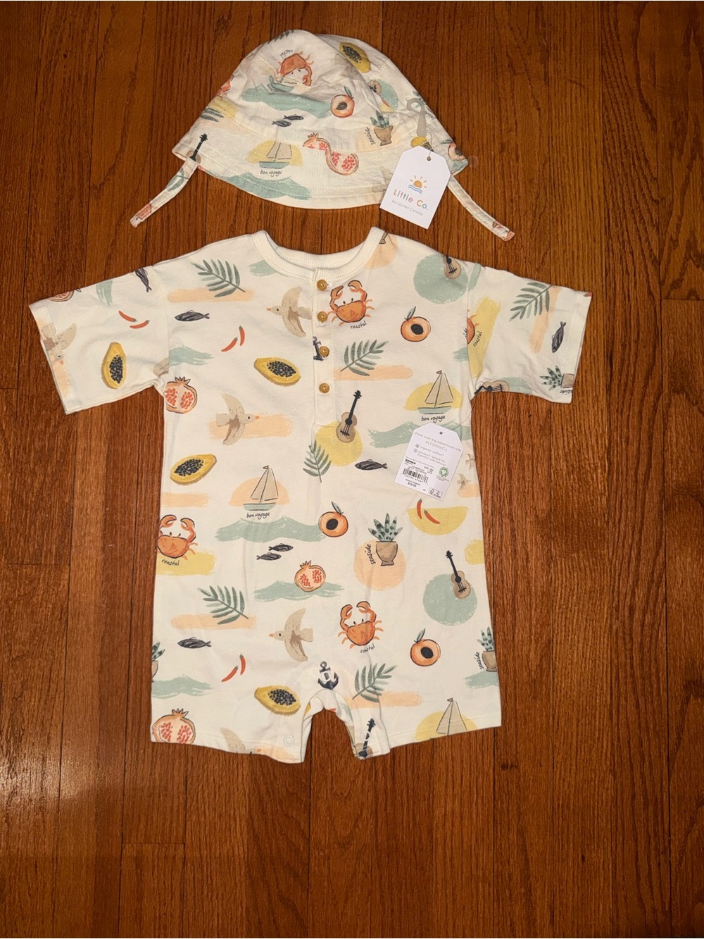 Little Co. Cream Tropical Print Baby One-Piece Bodysuit with Hat